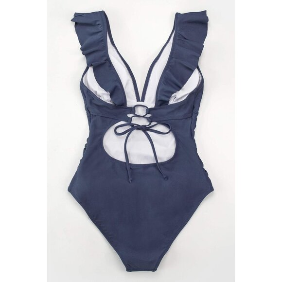 Women's Blue Ruffled One Piece Swimsuit V Neck Lace Up - Picture 3 of 4